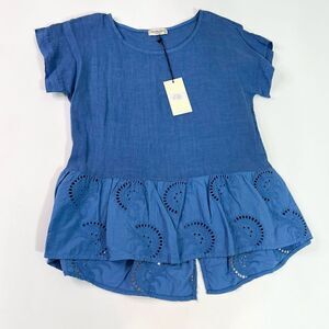 Terzo Millenio Shirt Womens Small Blouse Blue Linen Eyelet Peplum Short Sleeve